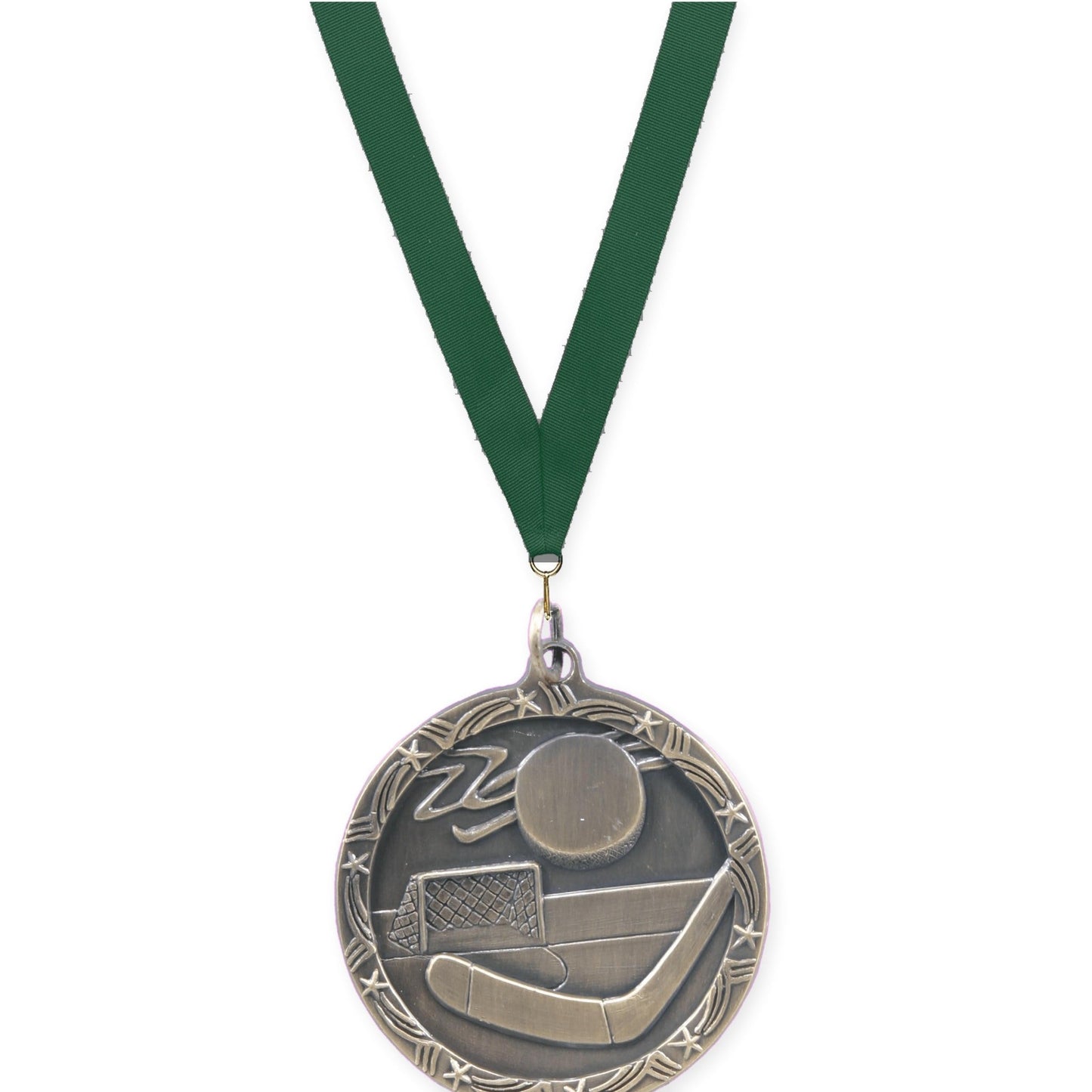 1 3/4 inch hockey Shooting Star medal in antique gold with Hunter Green neck ribbon