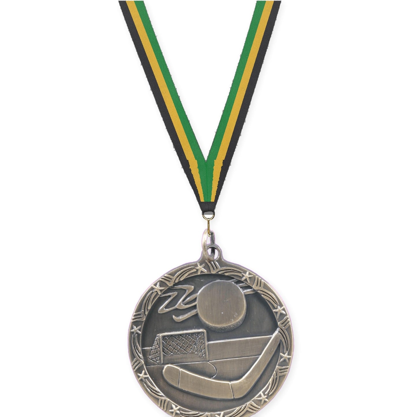 1 3/4 inch hockey Shooting Star medal in antique gold with Black Gold Green neck ribbon