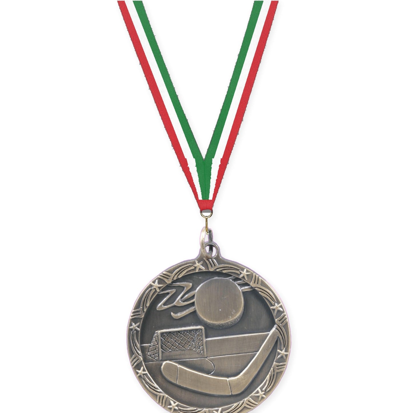 1 3/4 inch hockey Shooting Star medal in antique gold with Red White Green neck ribbon