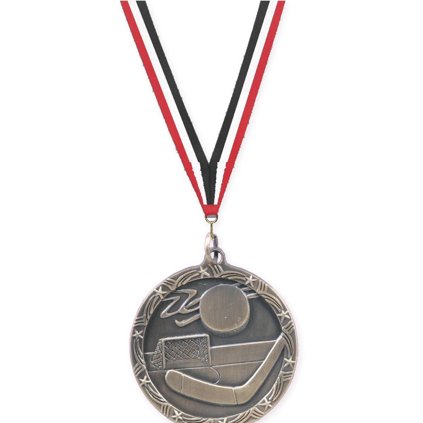 1 3/4 inch hockey Shooting Star medal in antique gold with Red White Black neck ribbon
