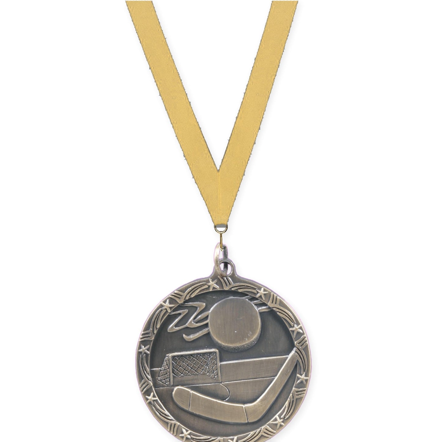 1 3/4 inch hockey Shooting Star medal in antique gold with Gold Metallic neck ribbon