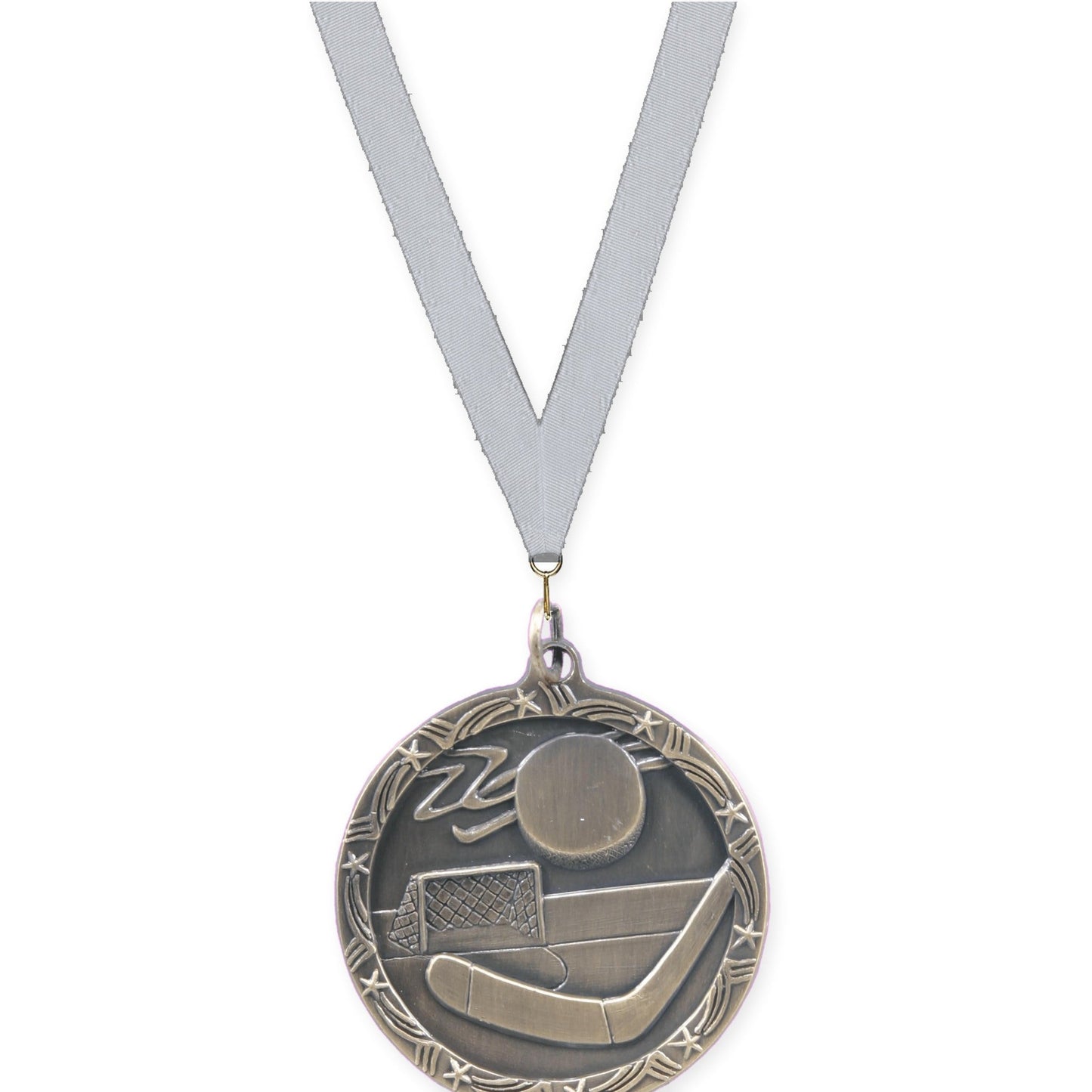 1 3/4 inch hockey Shooting Star medal in antique gold with Silver Metallic neck ribbon