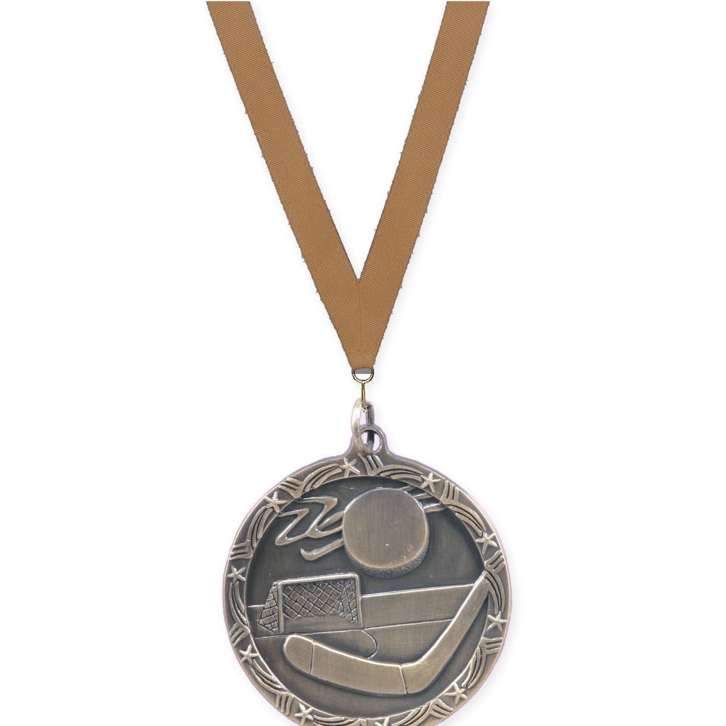 1 3/4 inch hockey Shooting Star medal in antique gold with Bronze Metallic neck ribbon