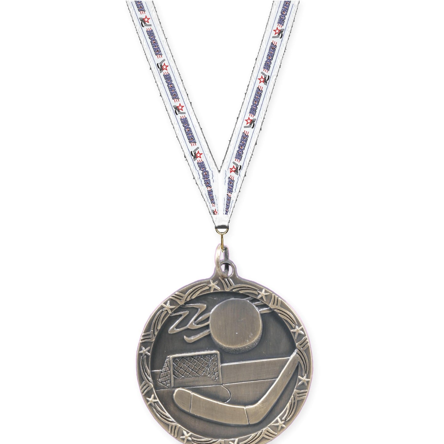 1 3/4 inch hockey Shooting Star medal in antique gold with Hockey neck ribbon