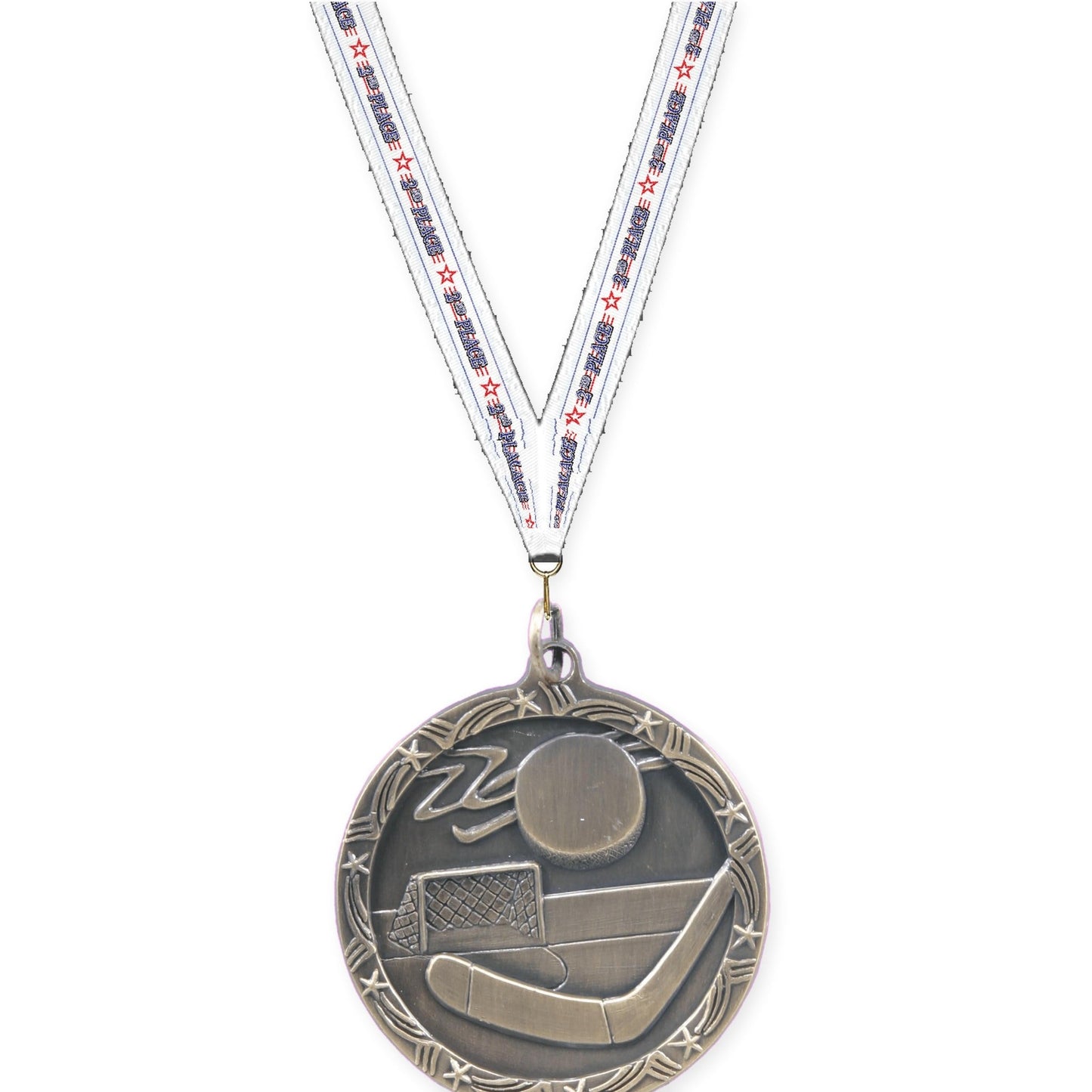 1 3/4 inch hockey Shooting Star medal in antique gold with 2nd Place neck ribbon