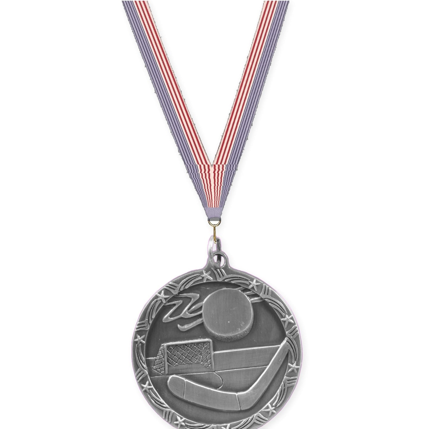 1 3/4 inch hockey Shooting Star medal in antique silver with USA Flag neck ribbon
