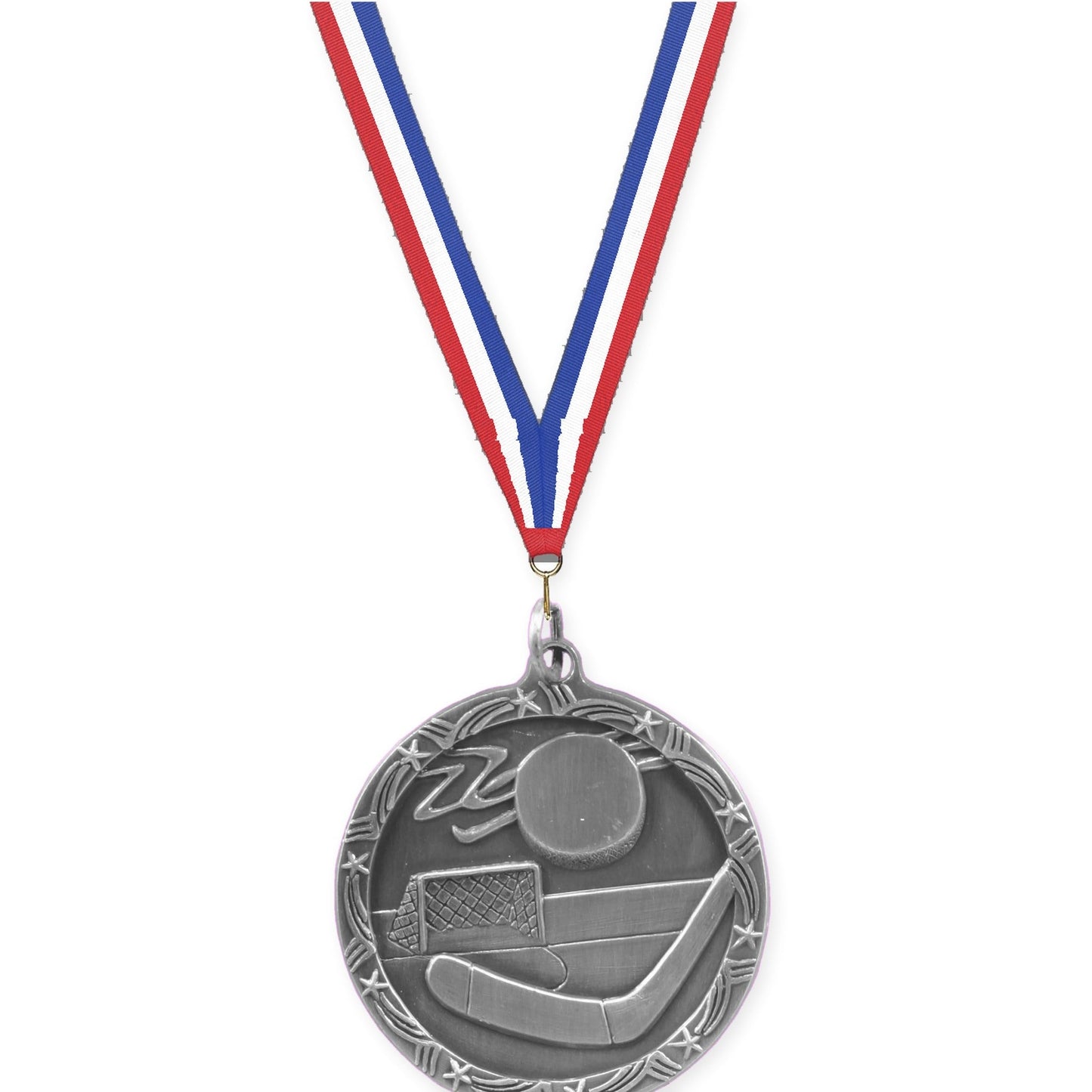 1 3/4 inch hockey Shooting Star medal in antique silver with Red White Blue neck ribbon