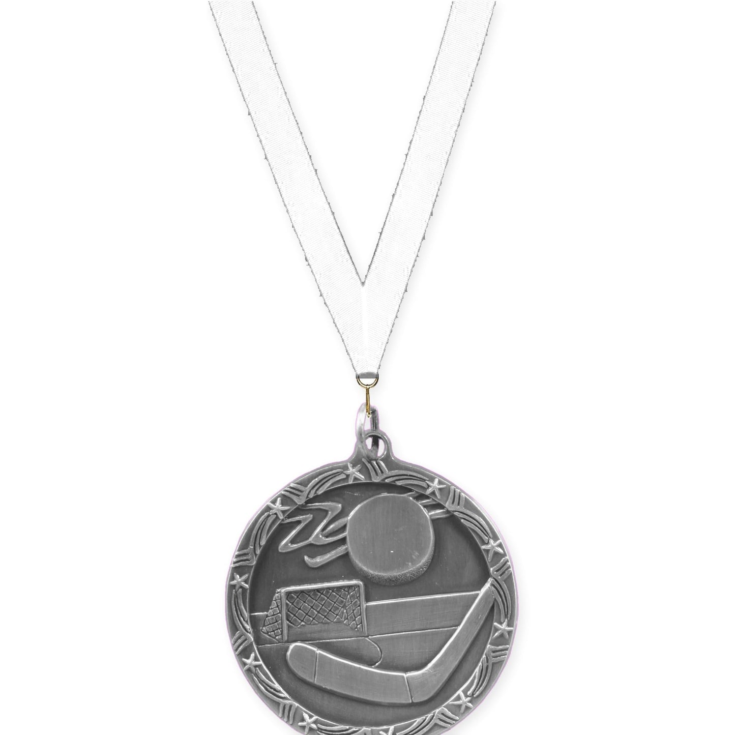 1 3/4 inch hockey Shooting Star medal in antique silver with White neck ribbon