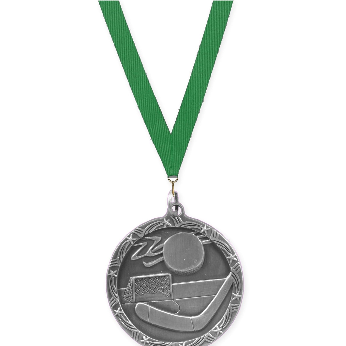 1 3/4 inch hockey Shooting Star medal in antique silver with Green neck ribbon