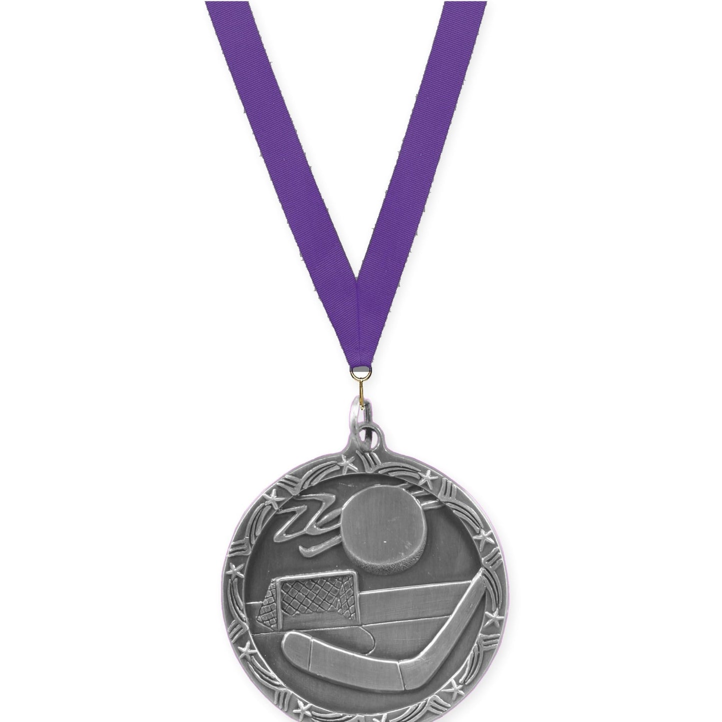 1 3/4 inch hockey Shooting Star medal in antique silver with Purple neck ribbon