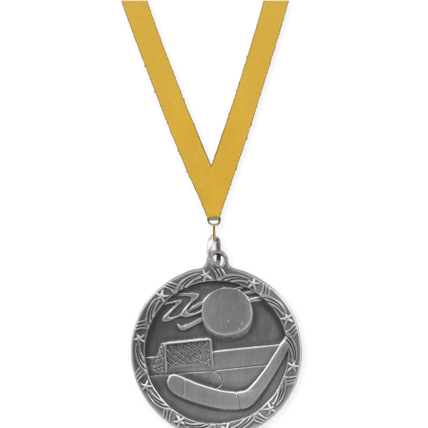 1 3/4 inch hockey Shooting Star medal in antique silver with Gold neck ribbon