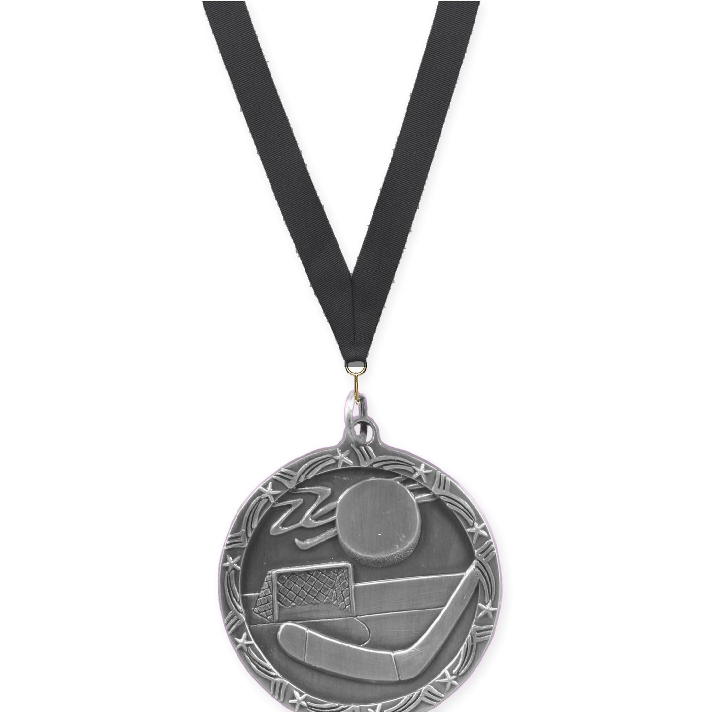 1 3/4 inch hockey Shooting Star medal in antique silver with Black neck ribbon