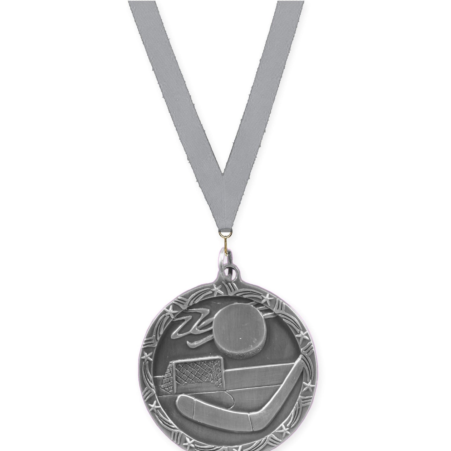 1 3/4 inch hockey Shooting Star medal in antique silver with Gray neck ribbon