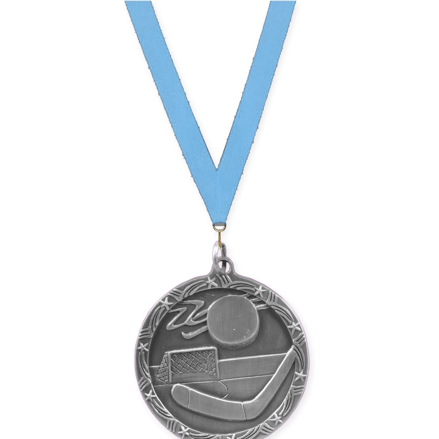 1 3/4 inch hockey Shooting Star medal in antique silver with Light Blue neck ribbon