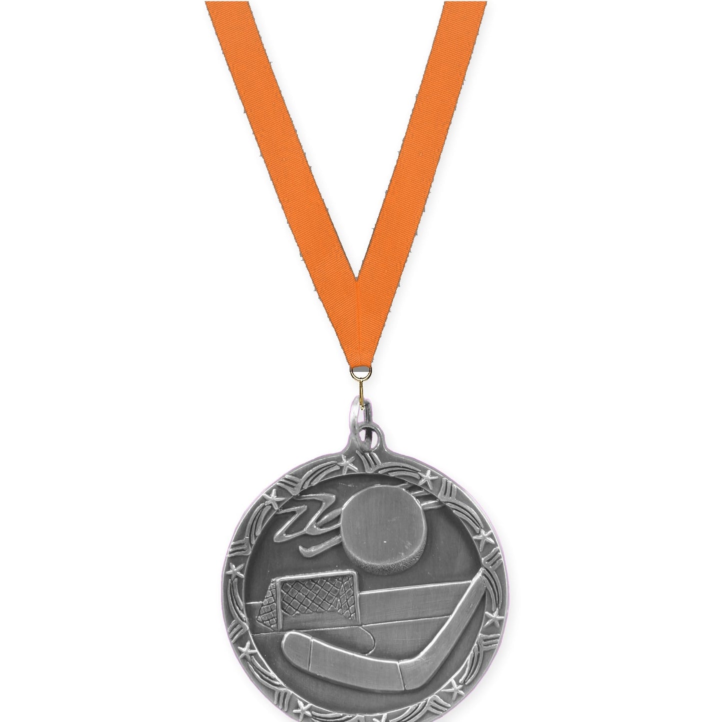 1 3/4 inch hockey Shooting Star medal in antique silver with Orange neck ribbon