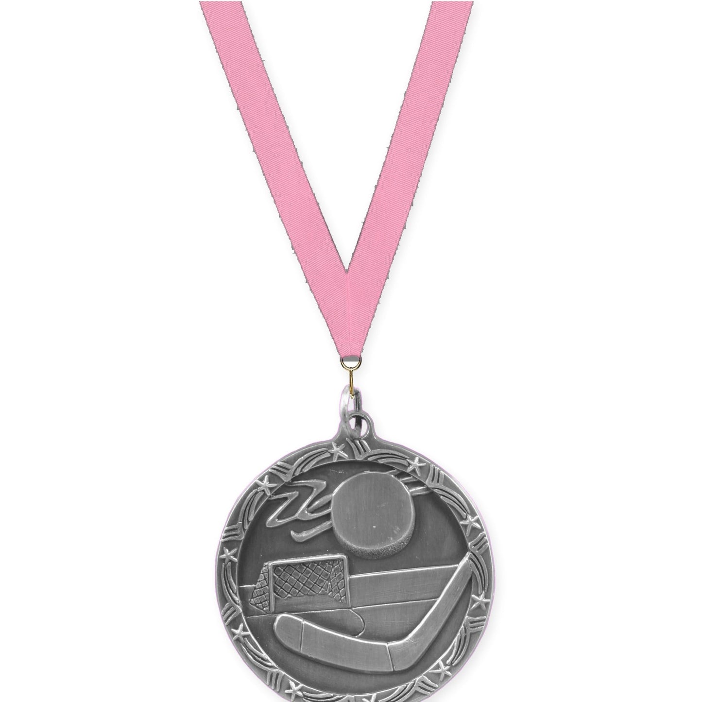 1 3/4 inch hockey Shooting Star medal in antique silver with Pink neck ribbon