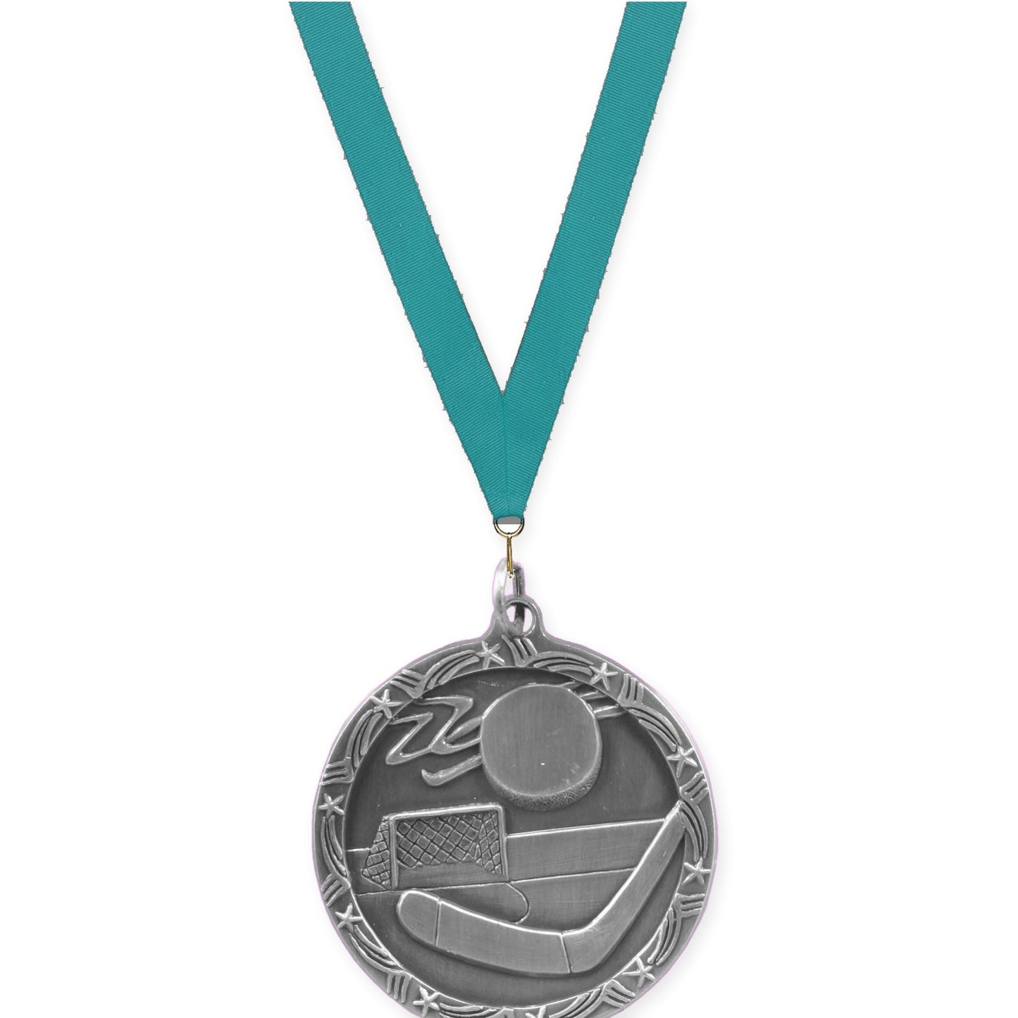 1 3/4 inch hockey Shooting Star medal in antique silver with Teal neck ribbon