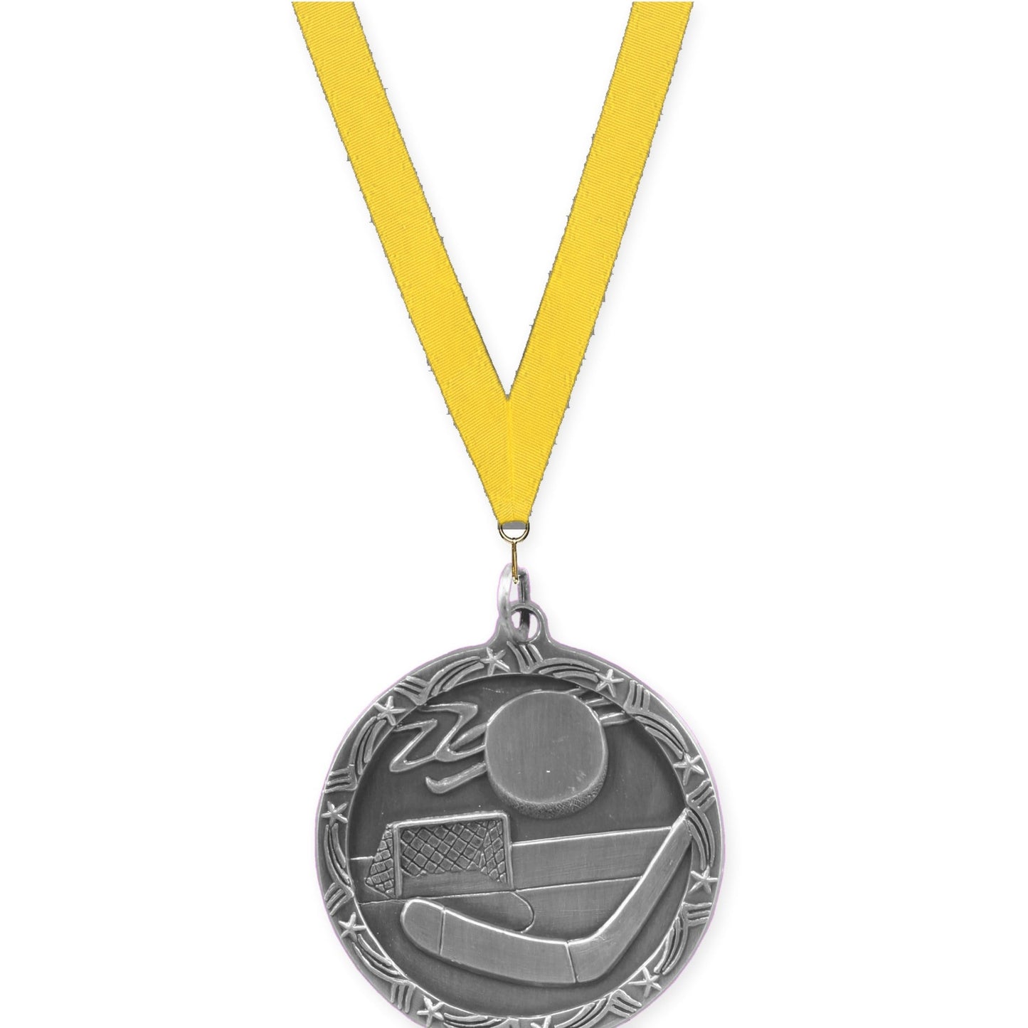 1 3/4 inch hockey Shooting Star medal in antique silver with Yellow neck ribbon