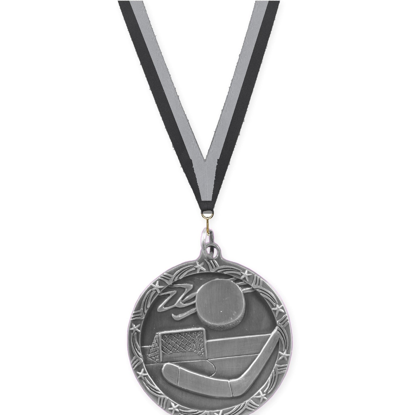 1 3/4 inch hockey Shooting Star medal in antique silver with Black Gray neck ribbon