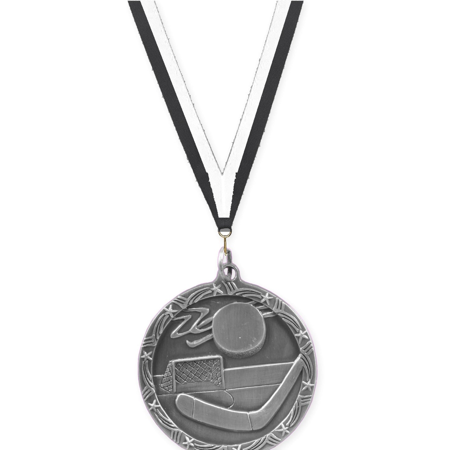 1 3/4 inch hockey Shooting Star medal in antique silver with Black White neck ribbon