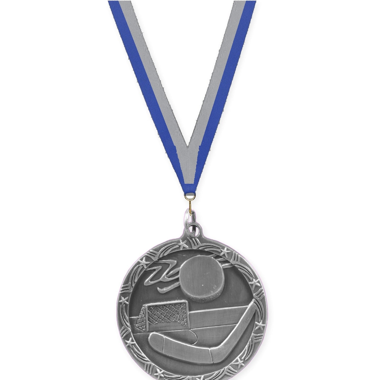 1 3/4 inch hockey Shooting Star medal in antique silver with Blue Gray neck ribbon