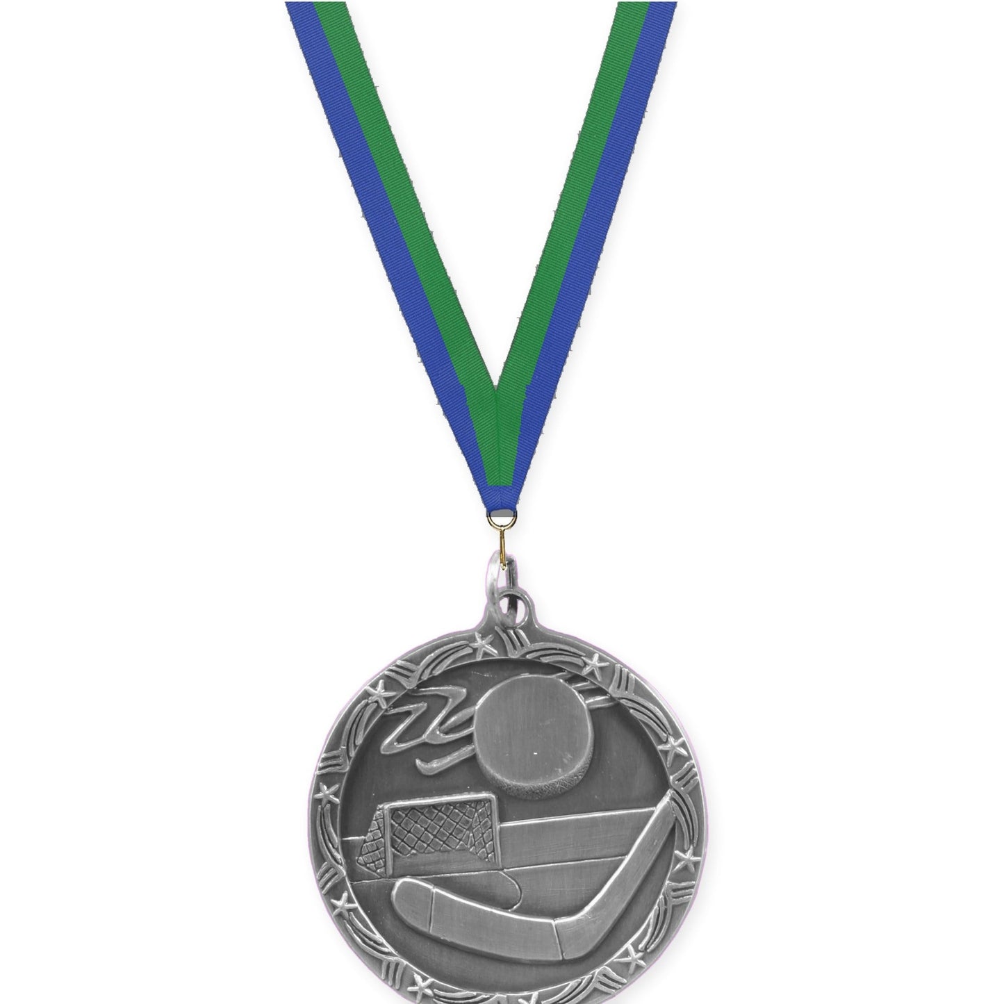 1 3/4 inch hockey Shooting Star medal in antique silver with Blue Green neck ribbon