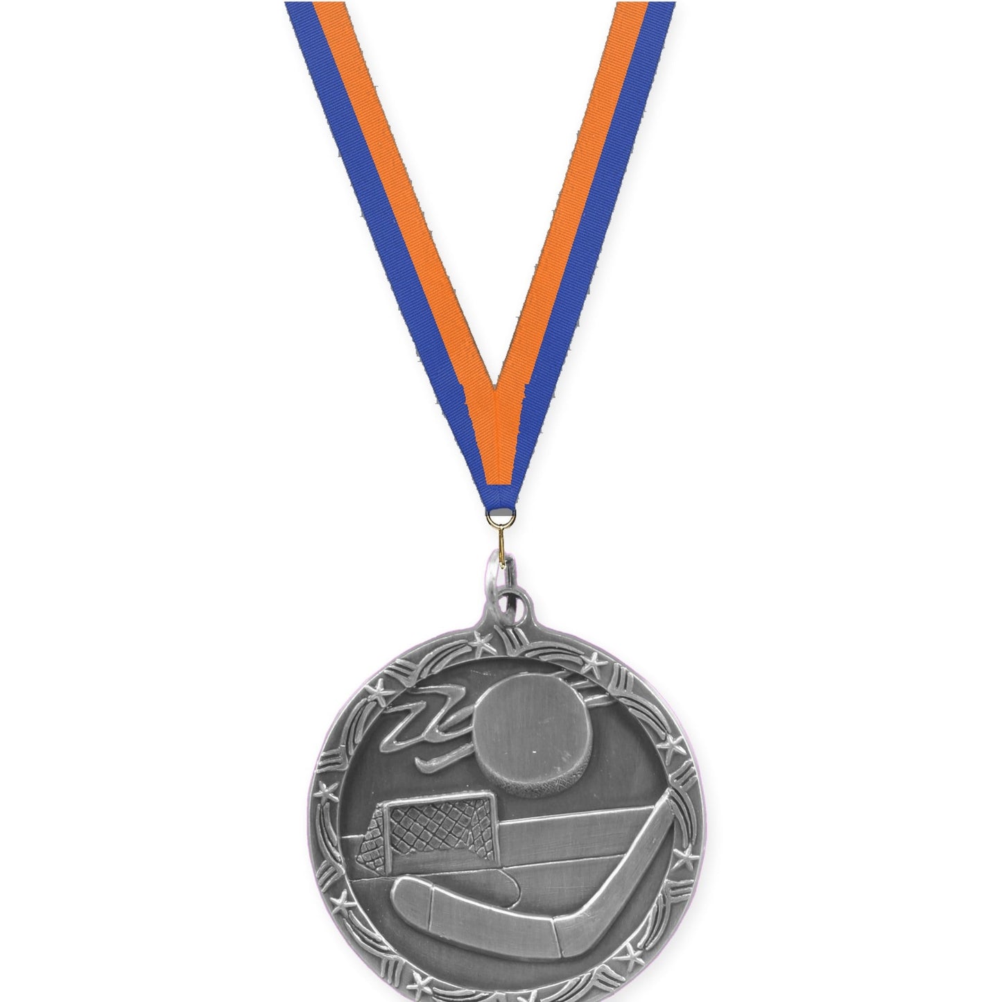 1 3/4 inch hockey Shooting Star medal in antique silver with Blue Orange neck ribbon