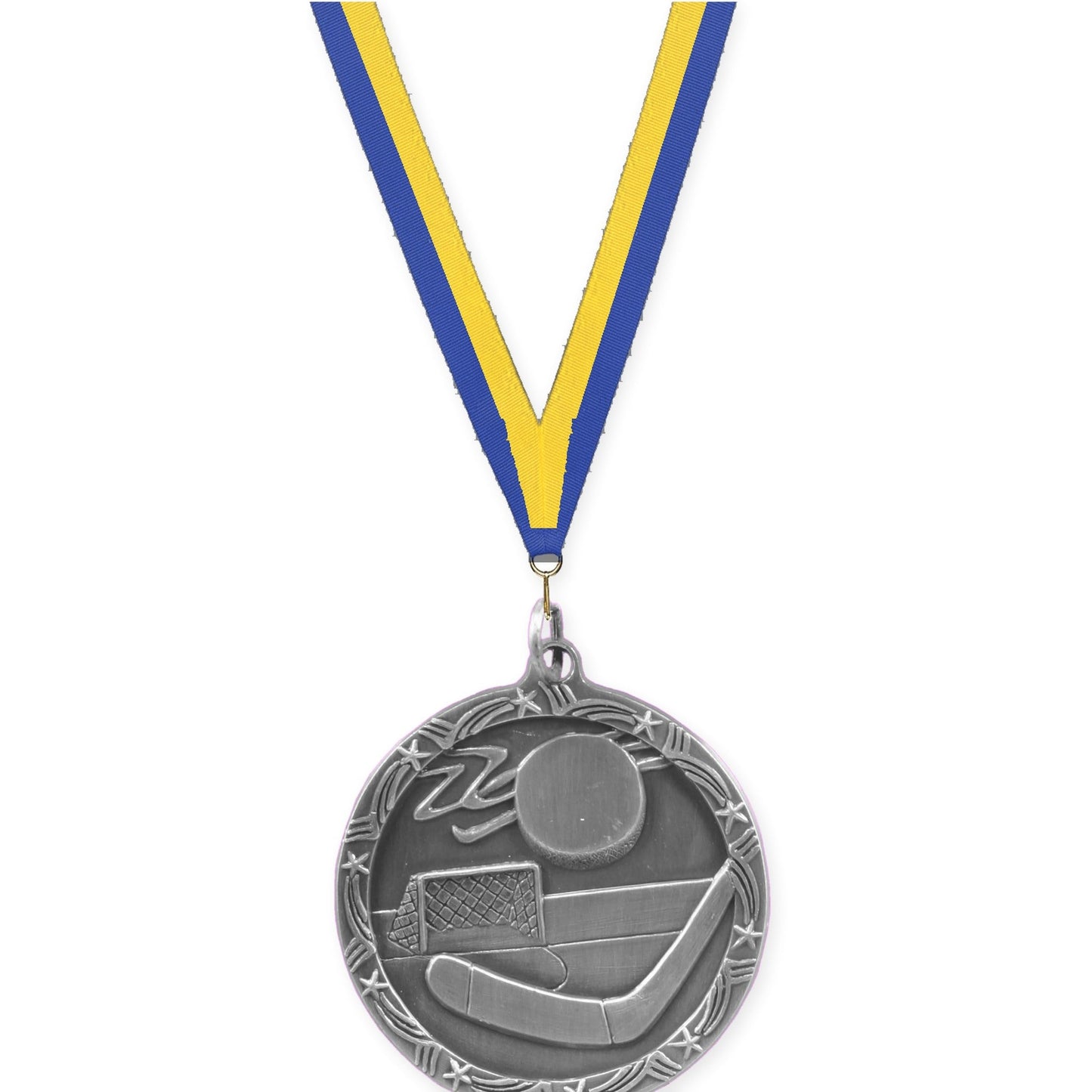 1 3/4 inch hockey Shooting Star medal in antique silver with Blue Yellow neck ribbon