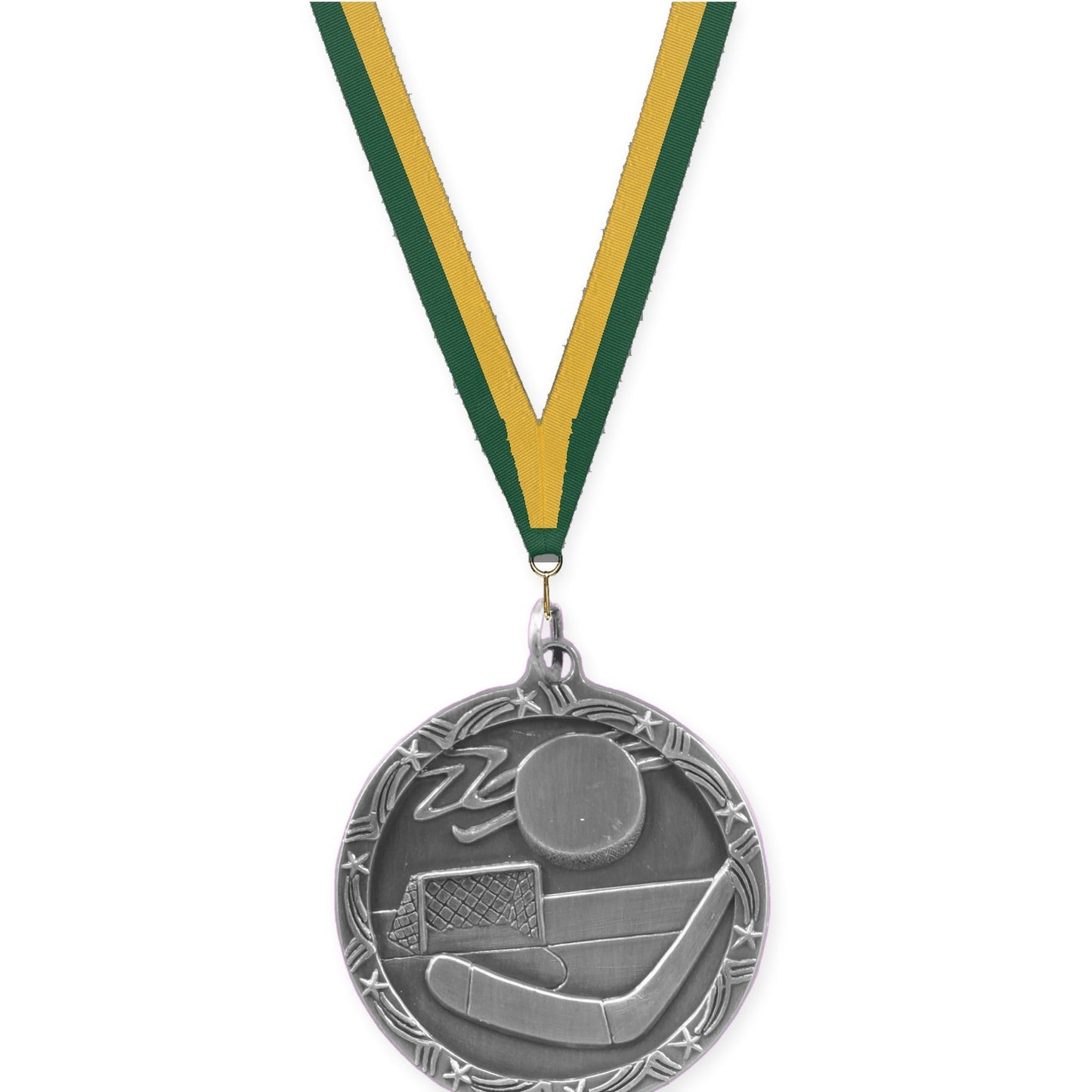 1 3/4 inch hockey Shooting Star medal in antique silver with Hunter Green Gold neck ribbon