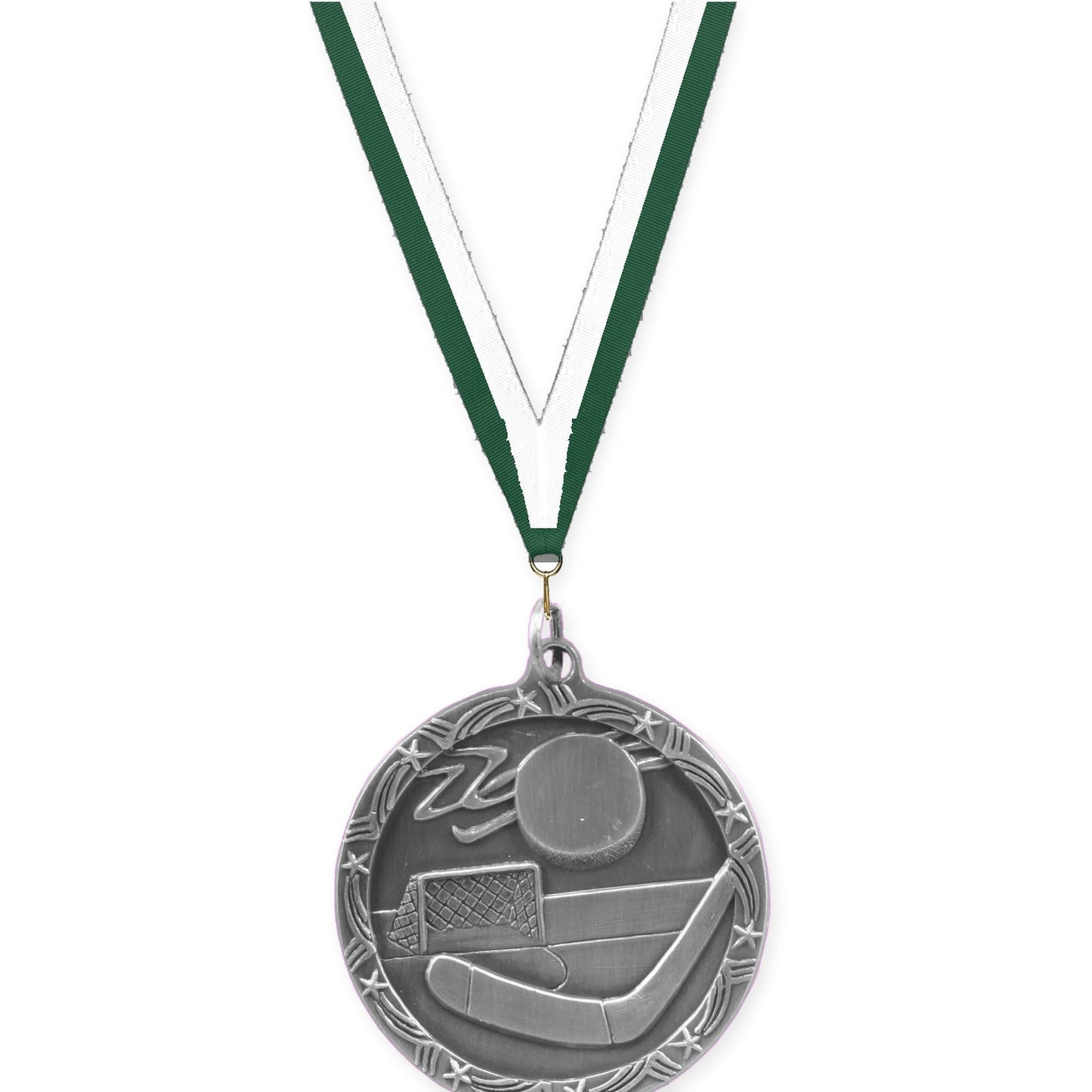 1 3/4 inch hockey Shooting Star medal in antique silver with Hunter Green White neck ribbon