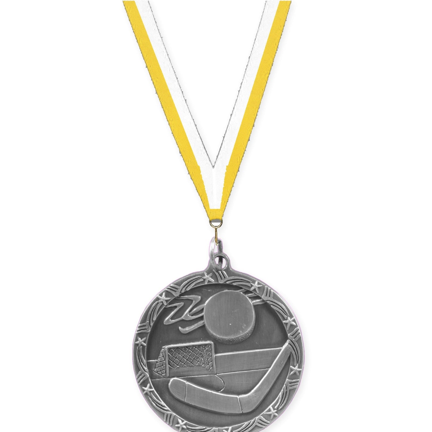 1 3/4 inch hockey Shooting Star medal in antique silver with Yellow White neck ribbon