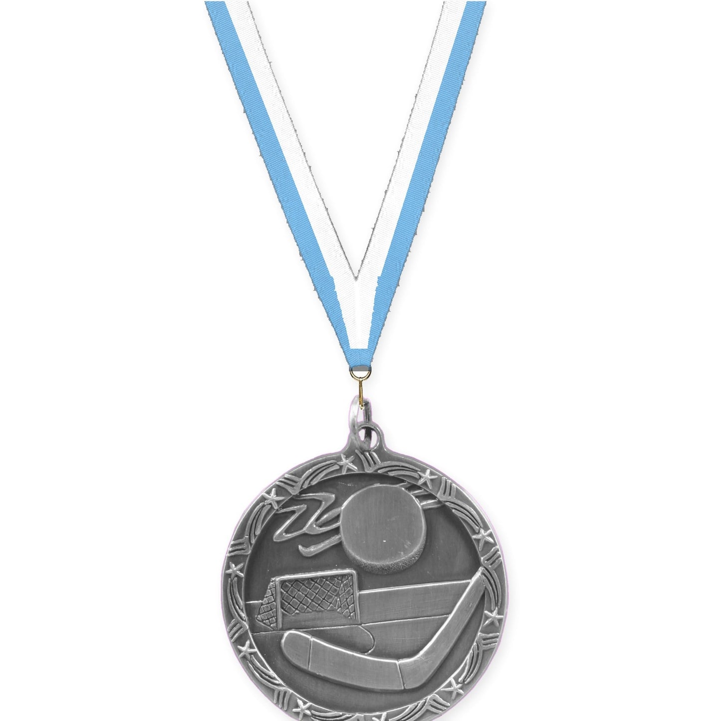 1 3/4 inch hockey Shooting Star medal in antique silver with Light Blue White neck ribbon