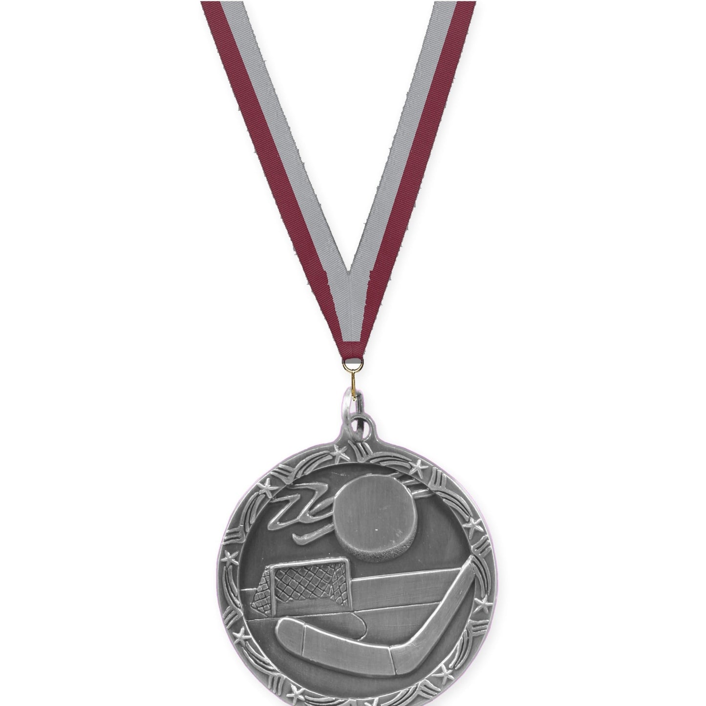 1 3/4 inch hockey Shooting Star medal in antique silver with Maroon Gray neck ribbon