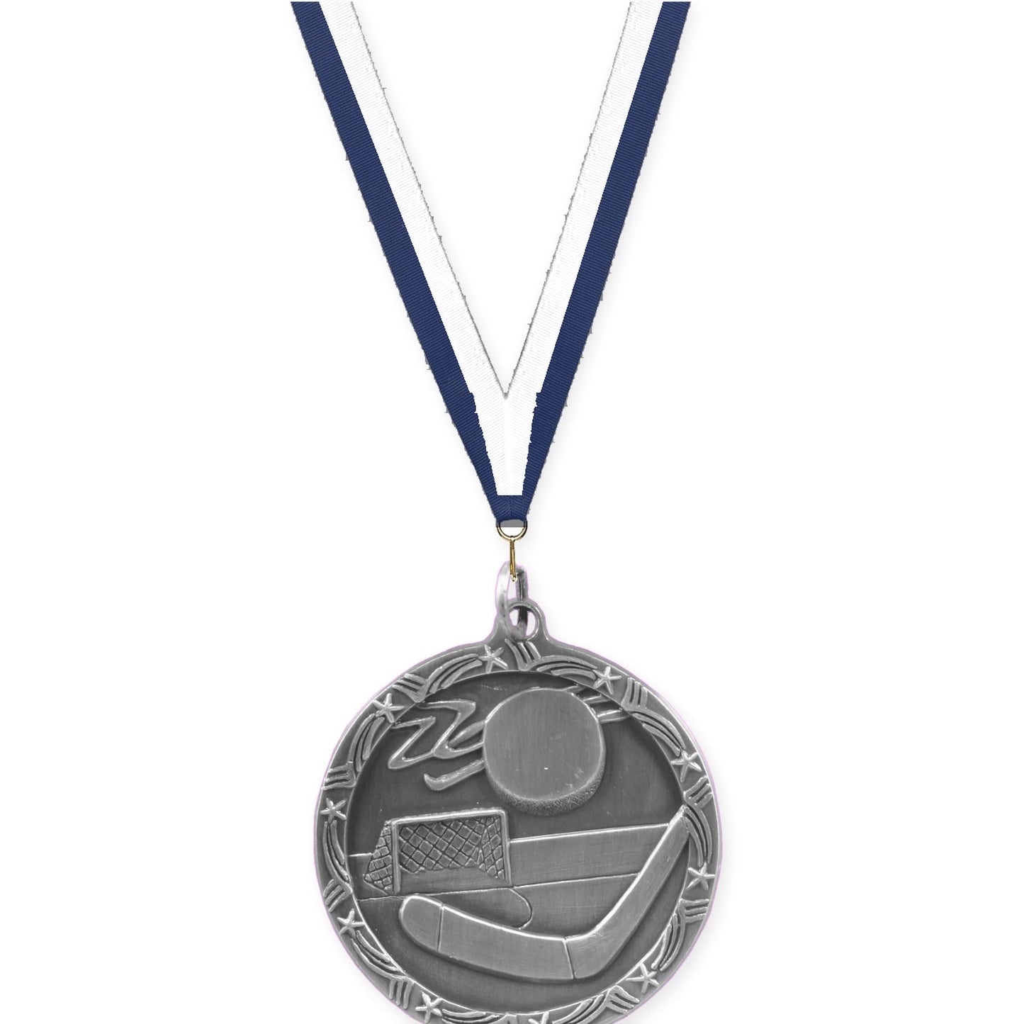 1 3/4 inch hockey Shooting Star medal in antique silver with Navy White neck ribbon