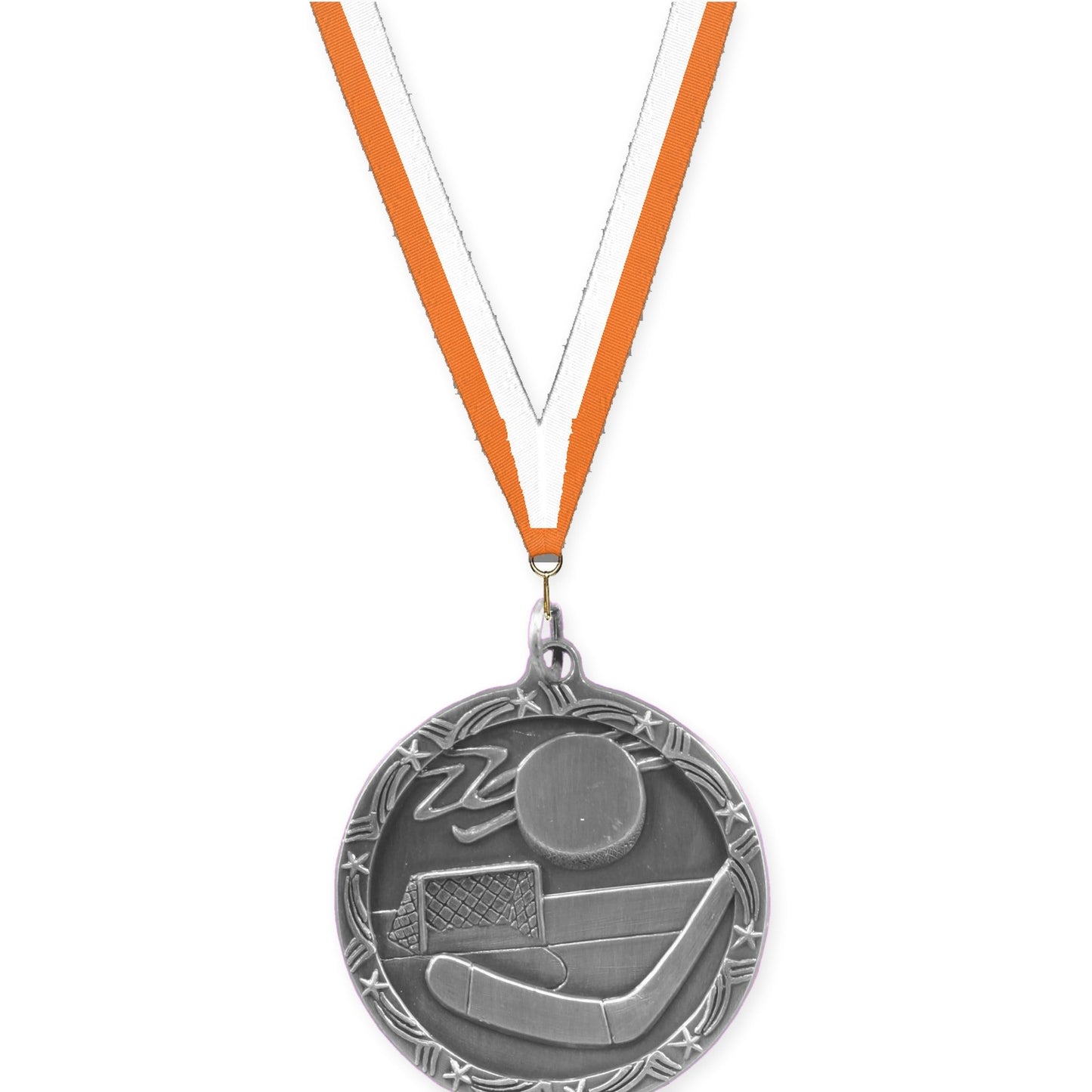 1 3/4 inch hockey Shooting Star medal in antique silver with Orange White neck ribbon