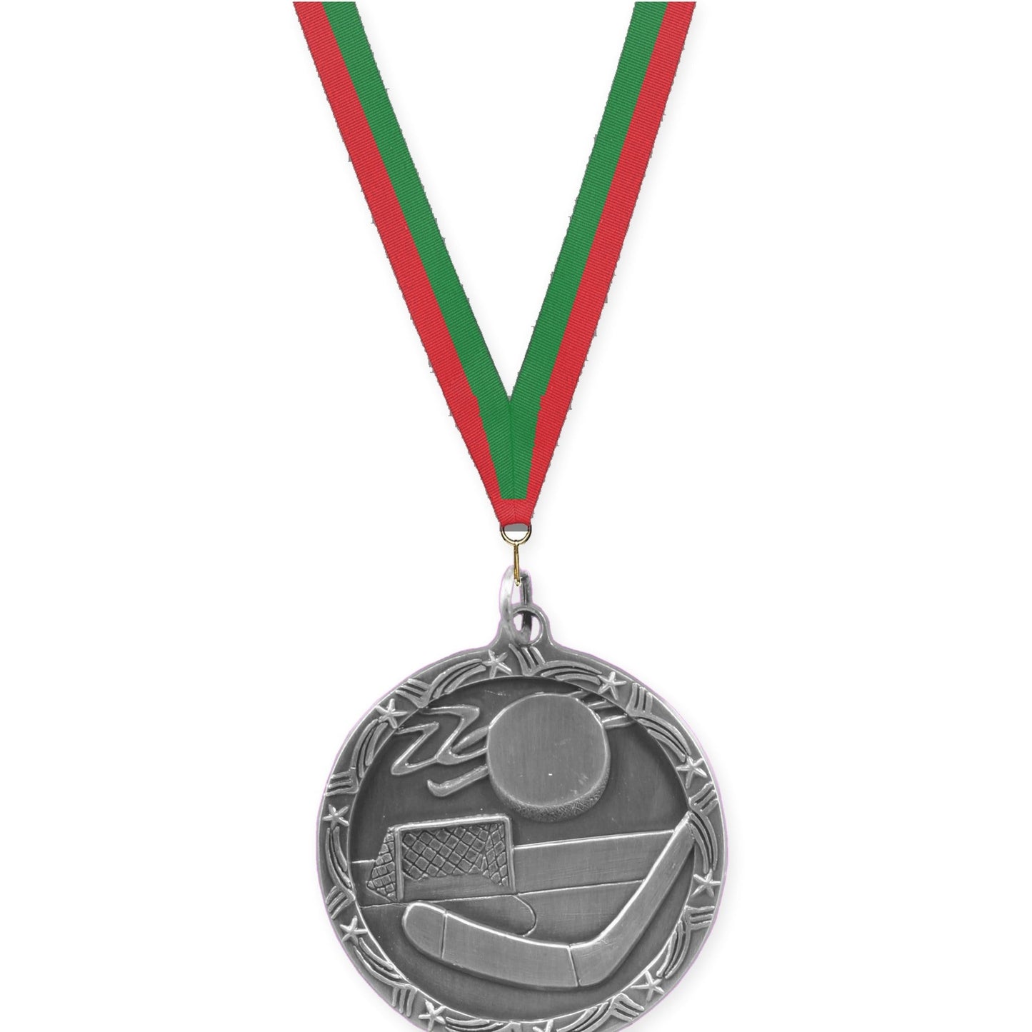 1 3/4 inch hockey Shooting Star medal in antique silver with Red Green neck ribbon