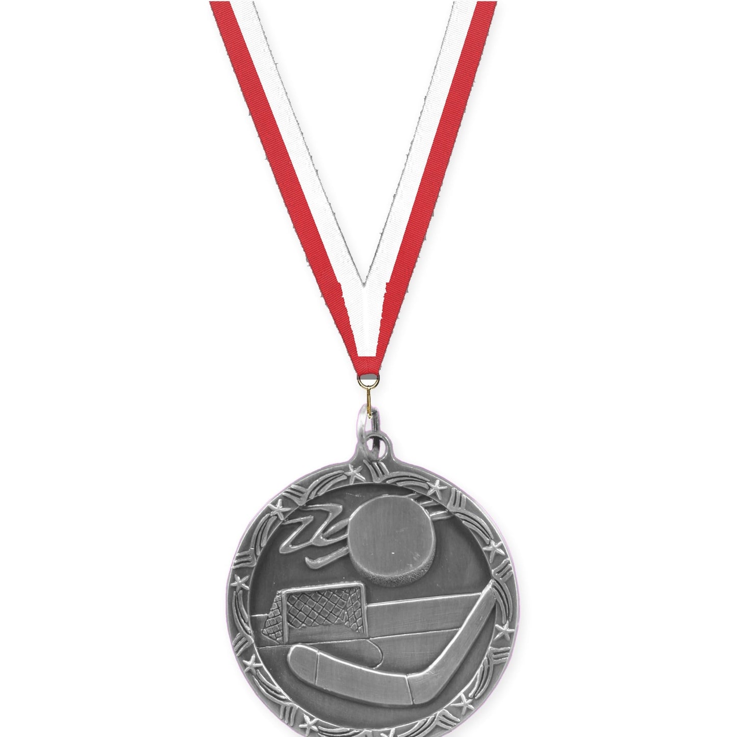 1 3/4 inch hockey Shooting Star medal in antique silver with Red White neck ribbon