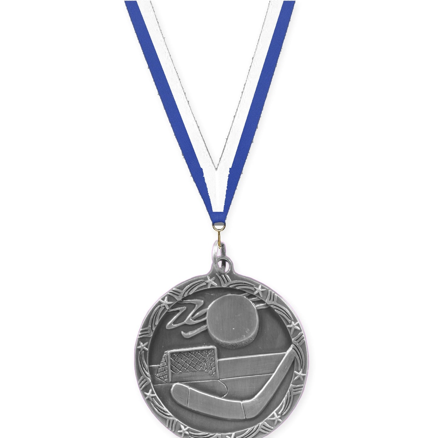 1 3/4 inch hockey Shooting Star medal in antique silver with Blue White neck ribbon