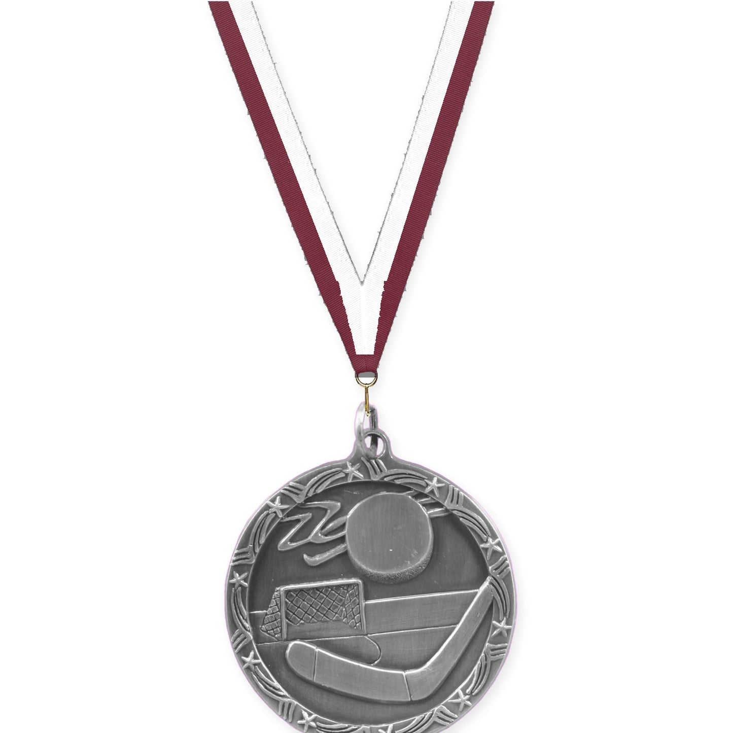 1 3/4 inch hockey Shooting Star medal in antique silver with Maroon White neck ribbon
