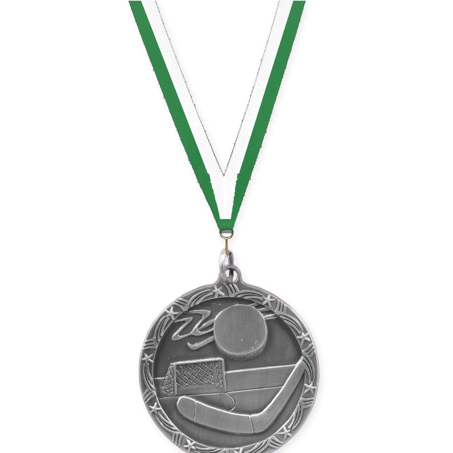 1 3/4 inch hockey Shooting Star medal in antique silver with Green White neck ribbon