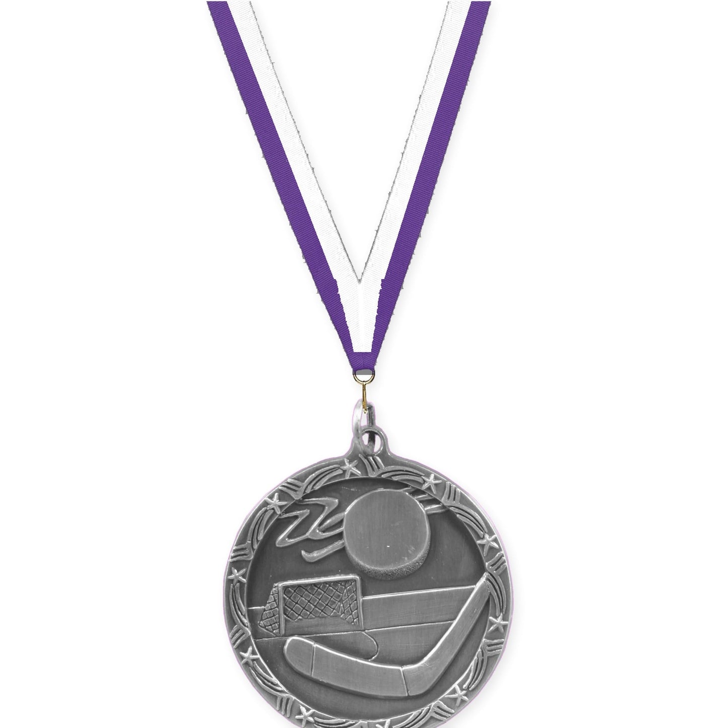 1 3/4 inch hockey Shooting Star medal in antique silver with Purple White neck ribbon