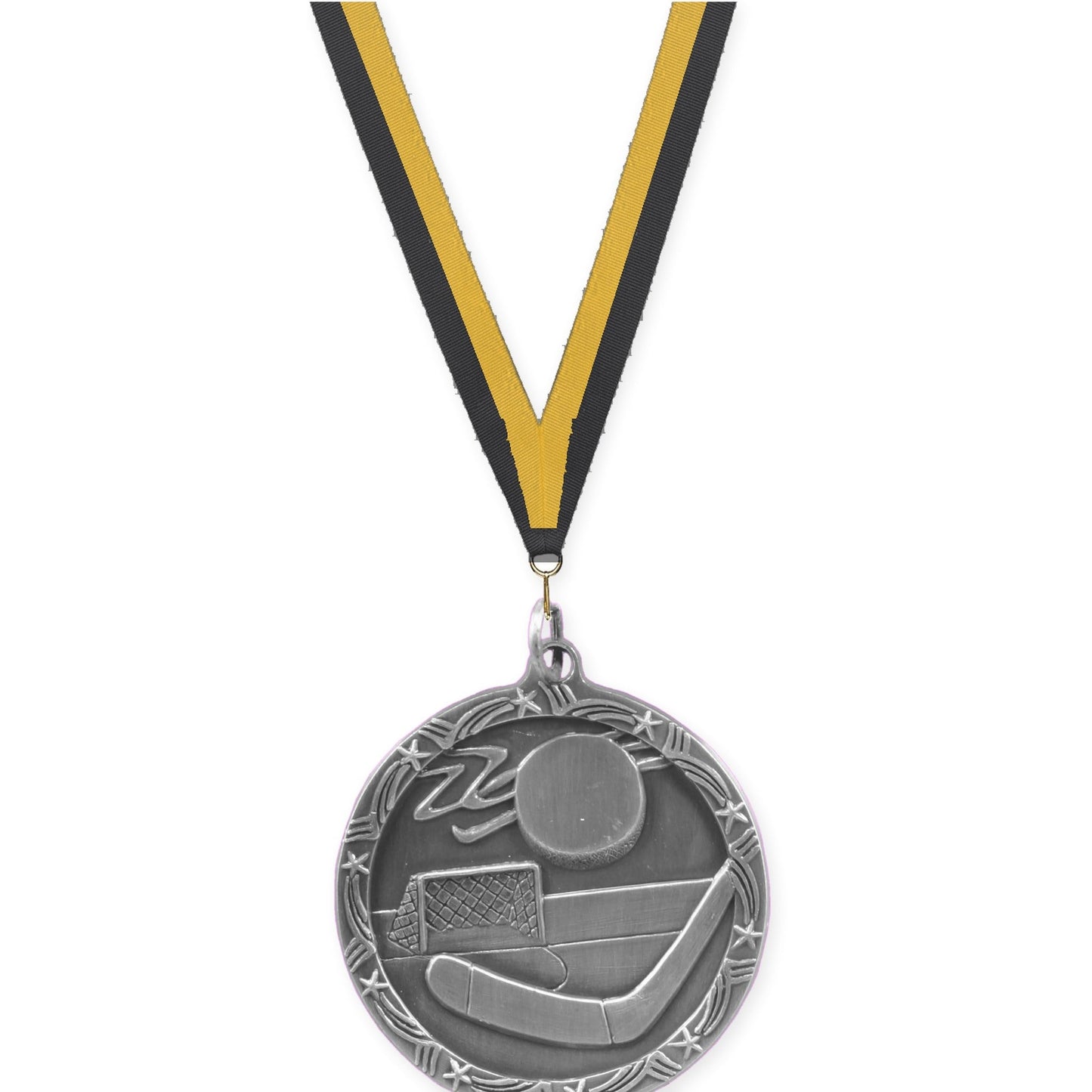 1 3/4 inch hockey Shooting Star medal in antique silver with Black Gold neck ribbon