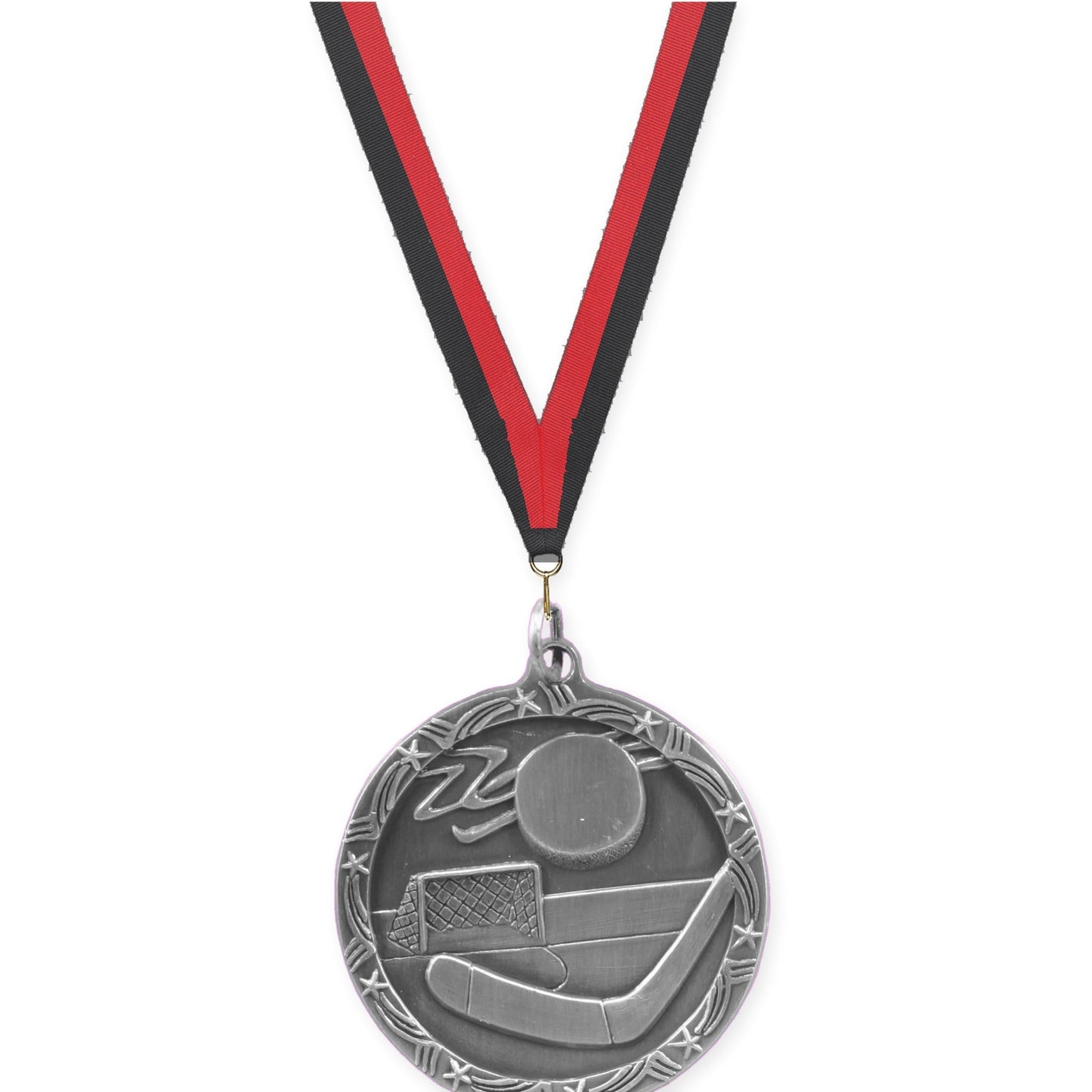 1 3/4 inch hockey Shooting Star medal in antique silver with Black Red neck ribbon