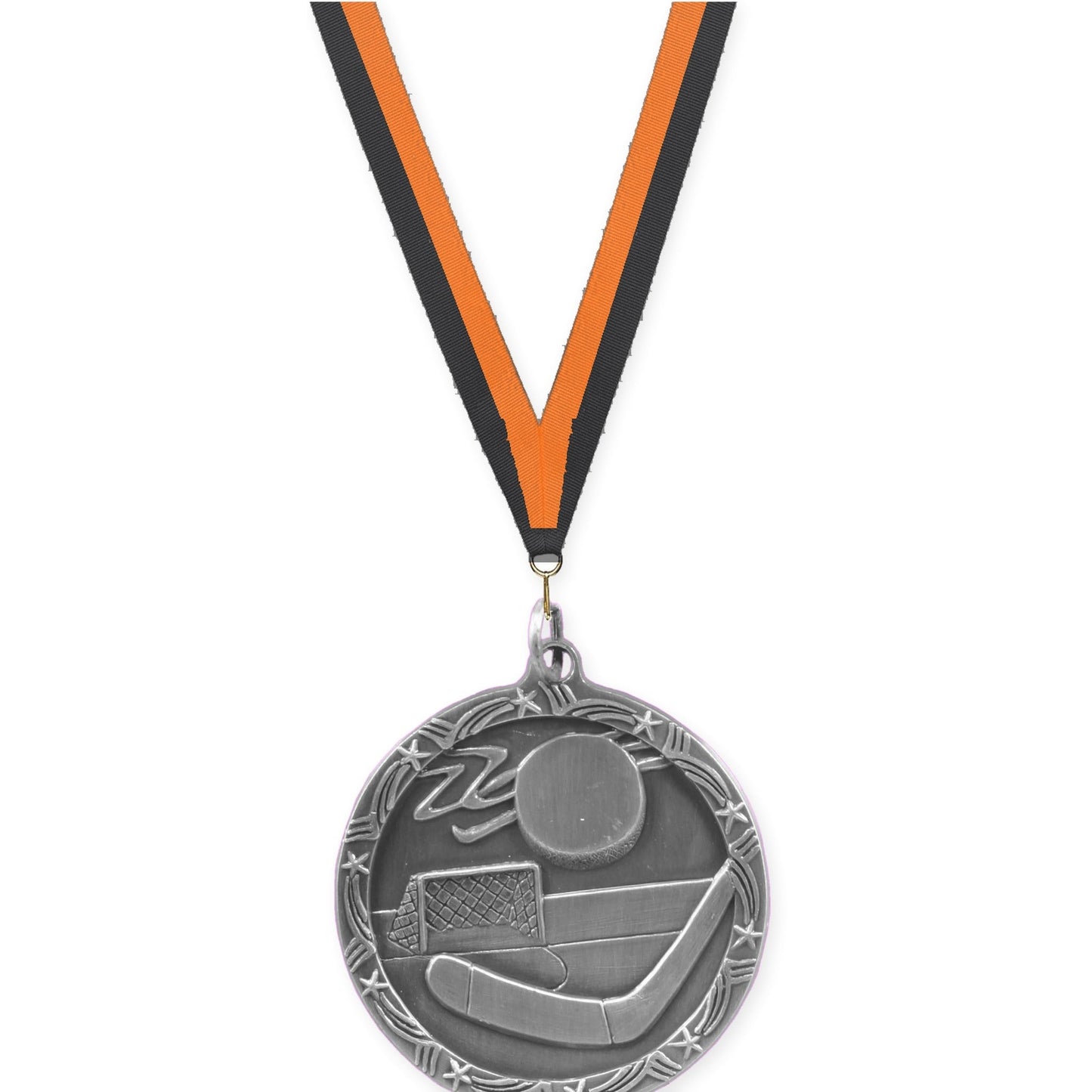 1 3/4 inch hockey Shooting Star medal in antique silver with Black Orange neck ribbon