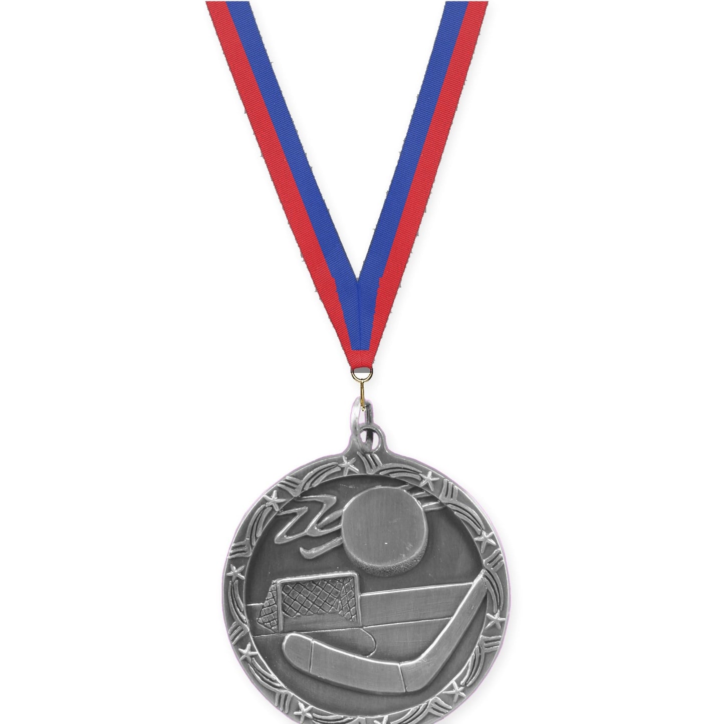 1 3/4 inch hockey Shooting Star medal in antique silver with Blue Red neck ribbon