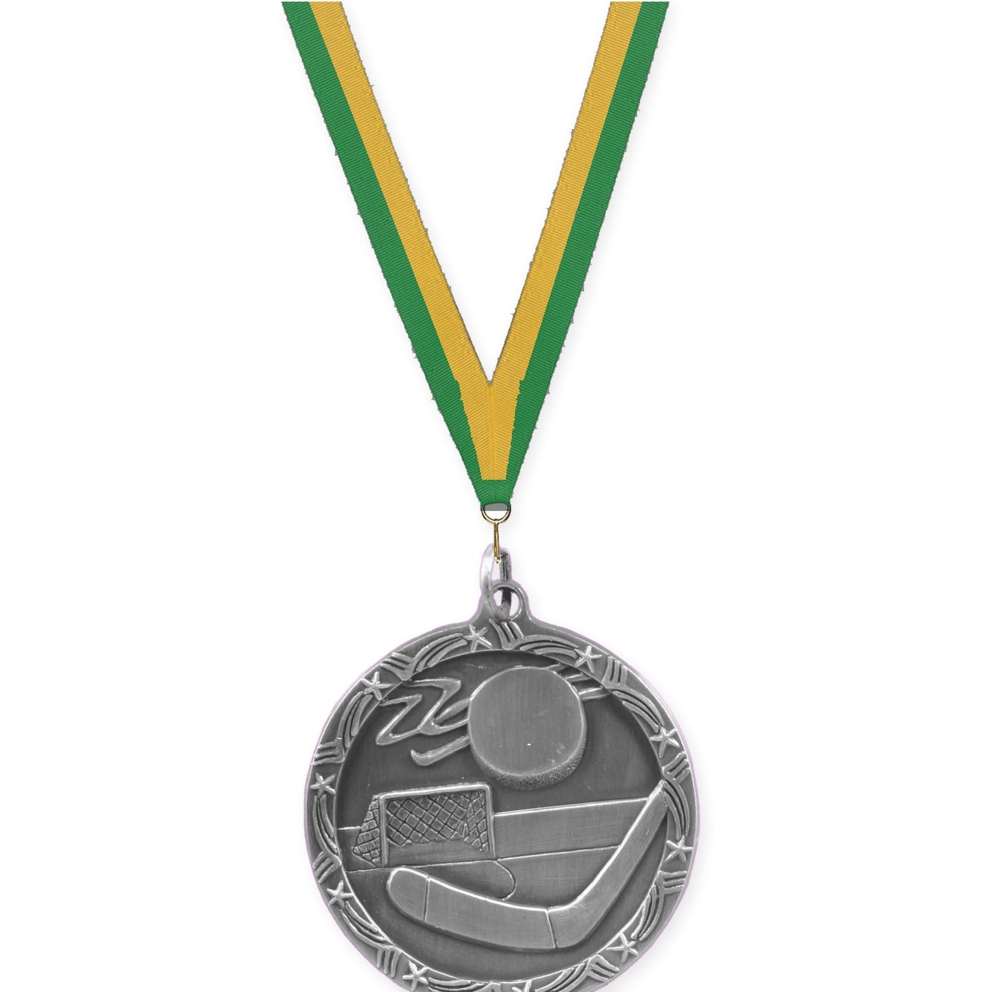 1 3/4 inch hockey Shooting Star medal in antique silver with Green Gold neck ribbon