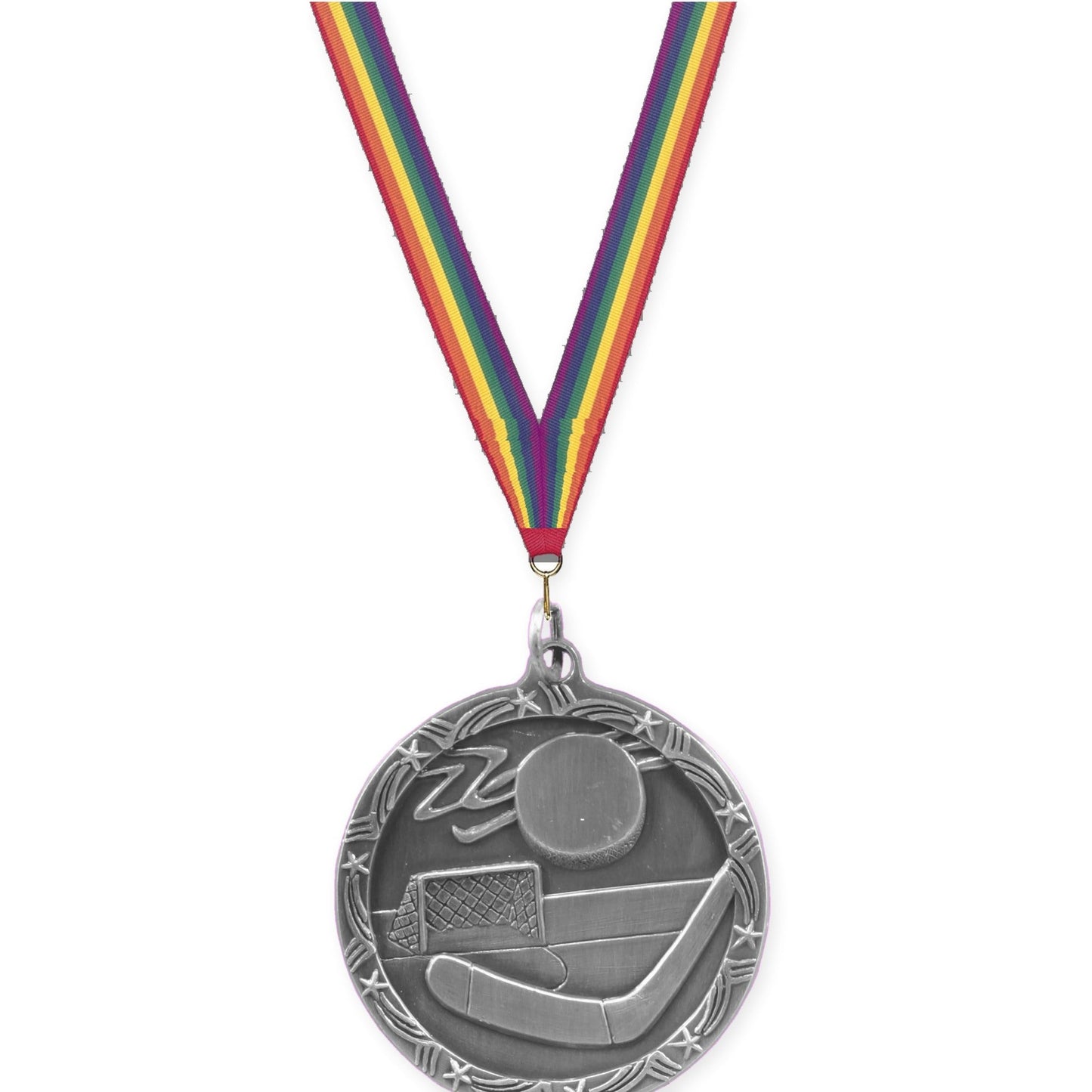 1 3/4 inch hockey Shooting Star medal in antique silver with Rainbow neck ribbon