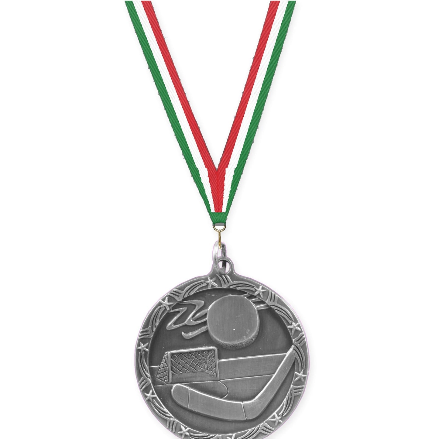 1 3/4 inch hockey Shooting Star medal in antique silver with Green White Red neck ribbon