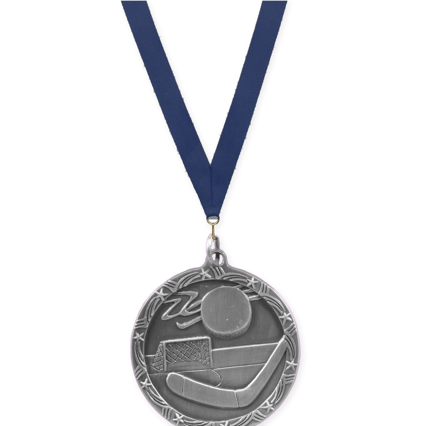 1 3/4 inch hockey Shooting Star medal in antique silver with Navy neck ribbon