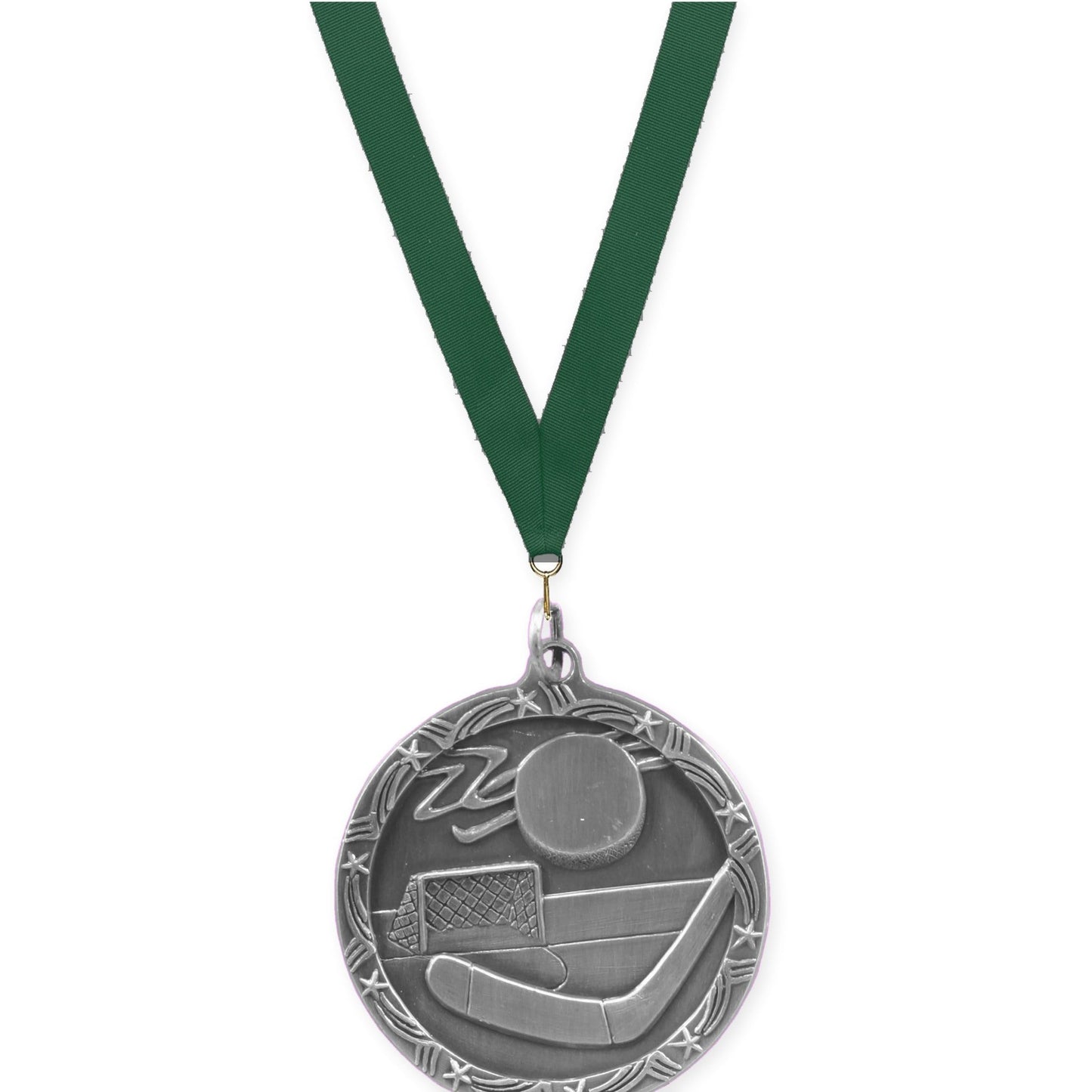 1 3/4 inch hockey Shooting Star medal in antique silver with Hunter Green neck ribbon